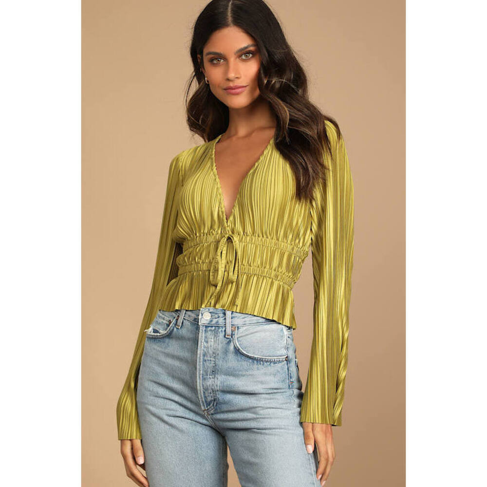 Lulus Staying Optimistic Chartreuse Pleated Bell Sleeve Top Green - Size M